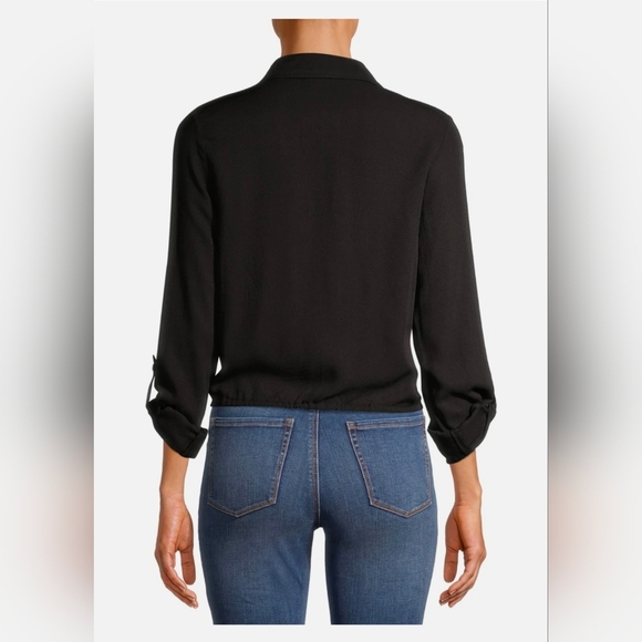 No Boundaries NEW Plus Juniors Black Roll Tab Sleeves Drawstring Utility Top - Picture 4 of 7